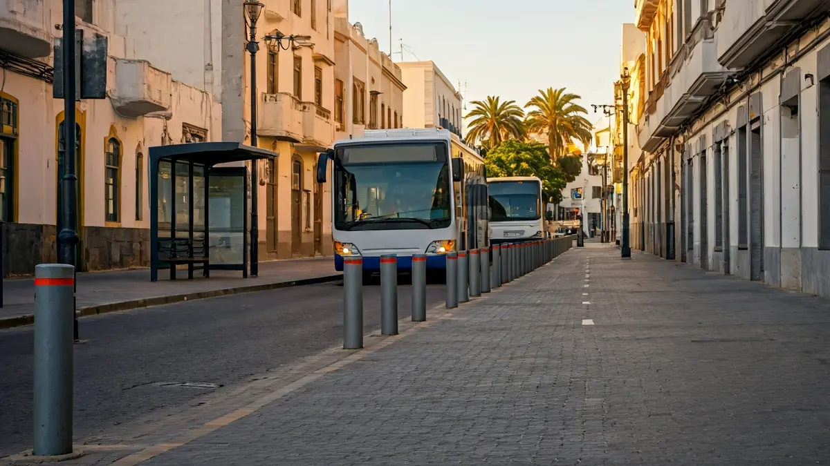 Imagen de una calle organizada con pivotes y una parada de autobús en Los Llanos de Aridane.