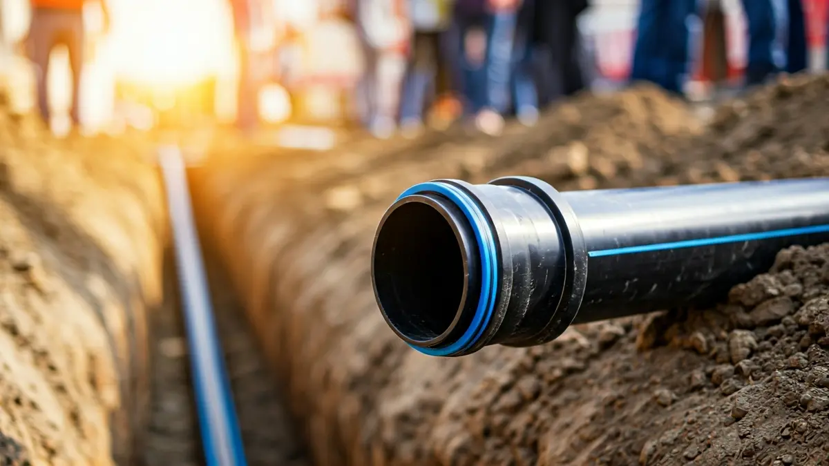 Imagen genérica de una tubería de polietileno de alta densidad siendo instalada en una zanja.