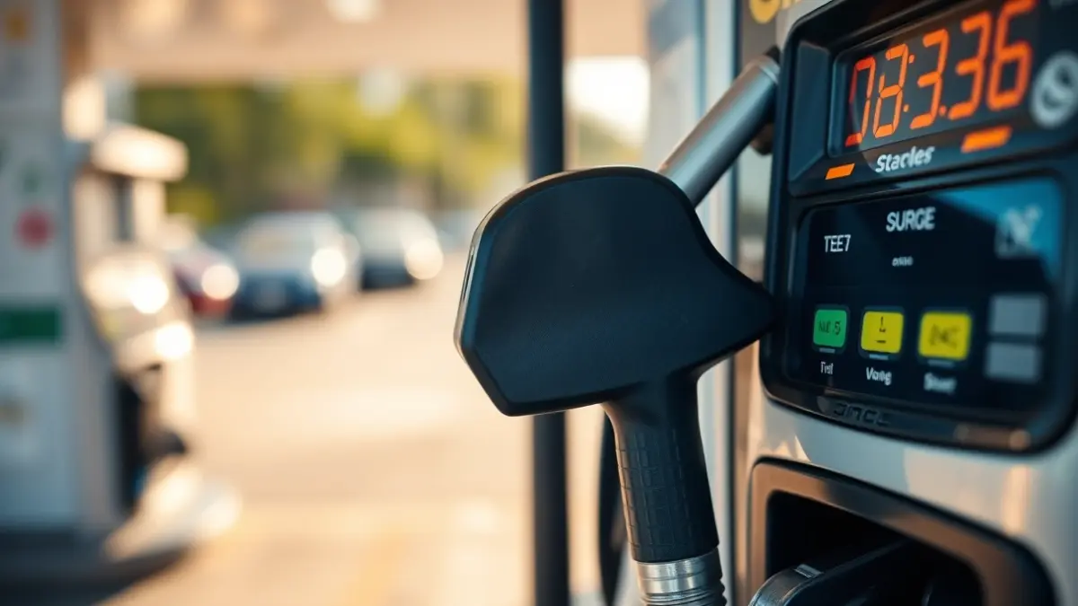 Generic image of a fuel pump nozzle at a gas station with the price on the dispenser.