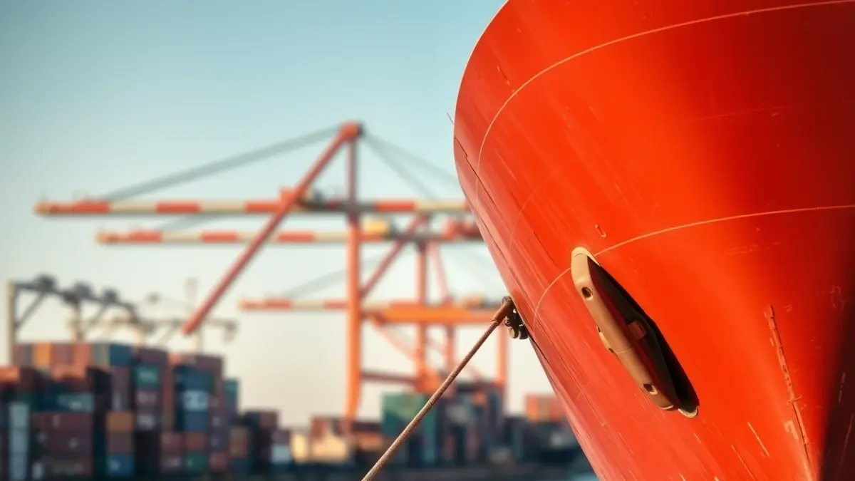 Imagen genérica de un puerto con un barco de carga y contenedores.