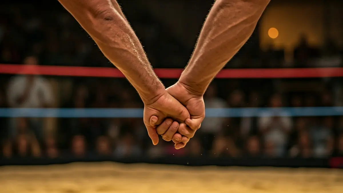 Image of two Canarian wrestlers in action on a wrestling ground.