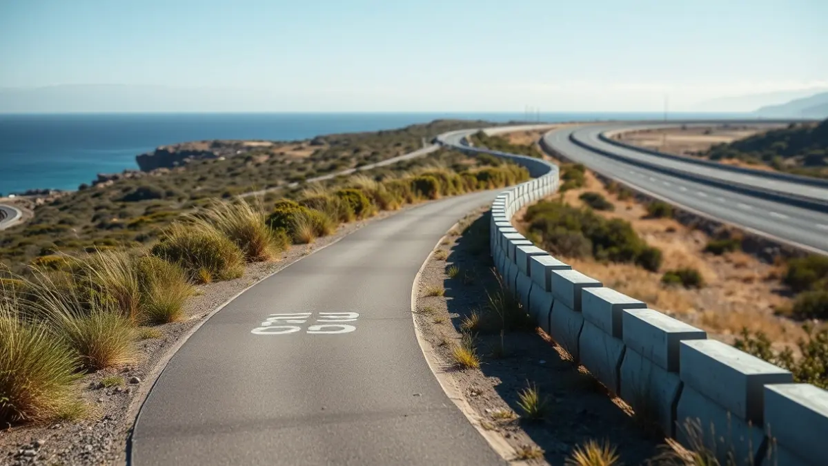Imagen de un carril bici recién construido en un entorno costero, con pantallas acústicas junto a una carretera.
