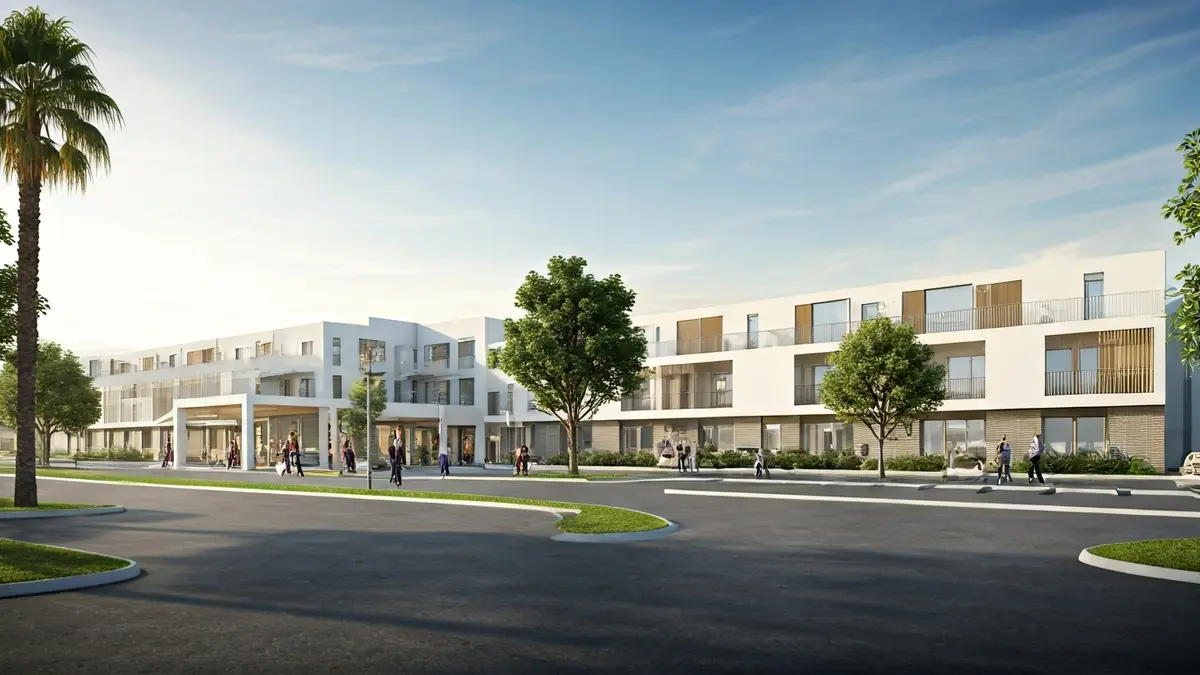 Imagen de un centro residencial moderno para personas mayores, con zonas verdes y accesibles.