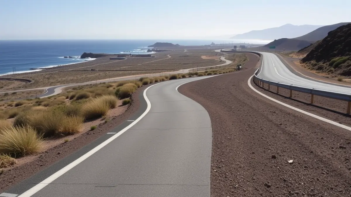 Carril bici recién construido entre La Capellanía y Corralejo, con pantallas acústicas y paisaje costero de Fuerteventura.