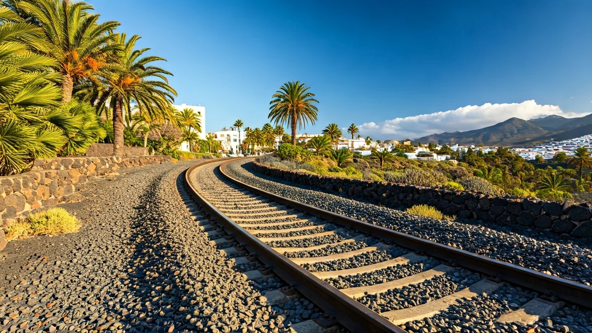 Vías de tren modernas en un paisaje volcánico de Gran Canaria.