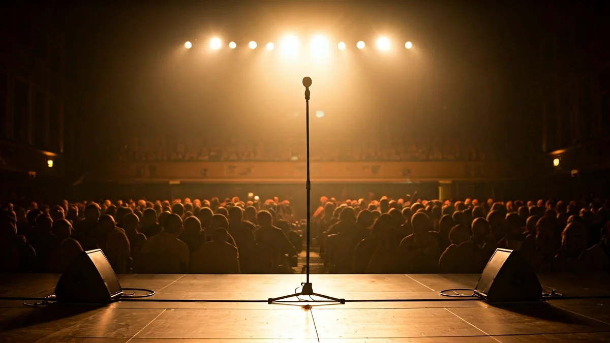 Imagen genérica de un escenario con un micrófono, luces cálidas y sillas vacías.