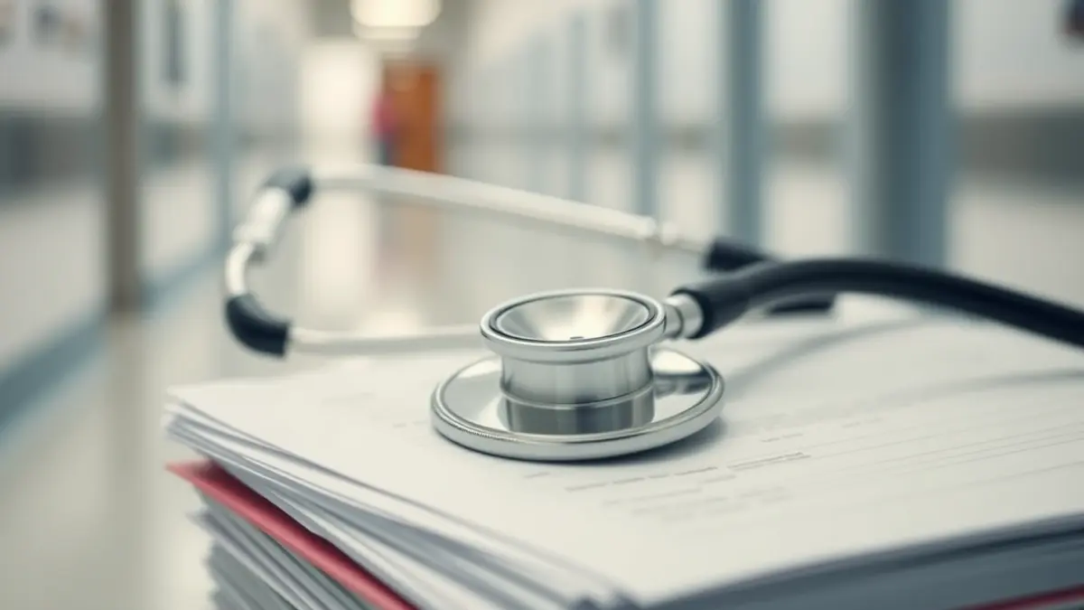 Imagen genérica de un estetoscopio sobre documentos médicos, simbolizando problemas en la gestión sanitaria.