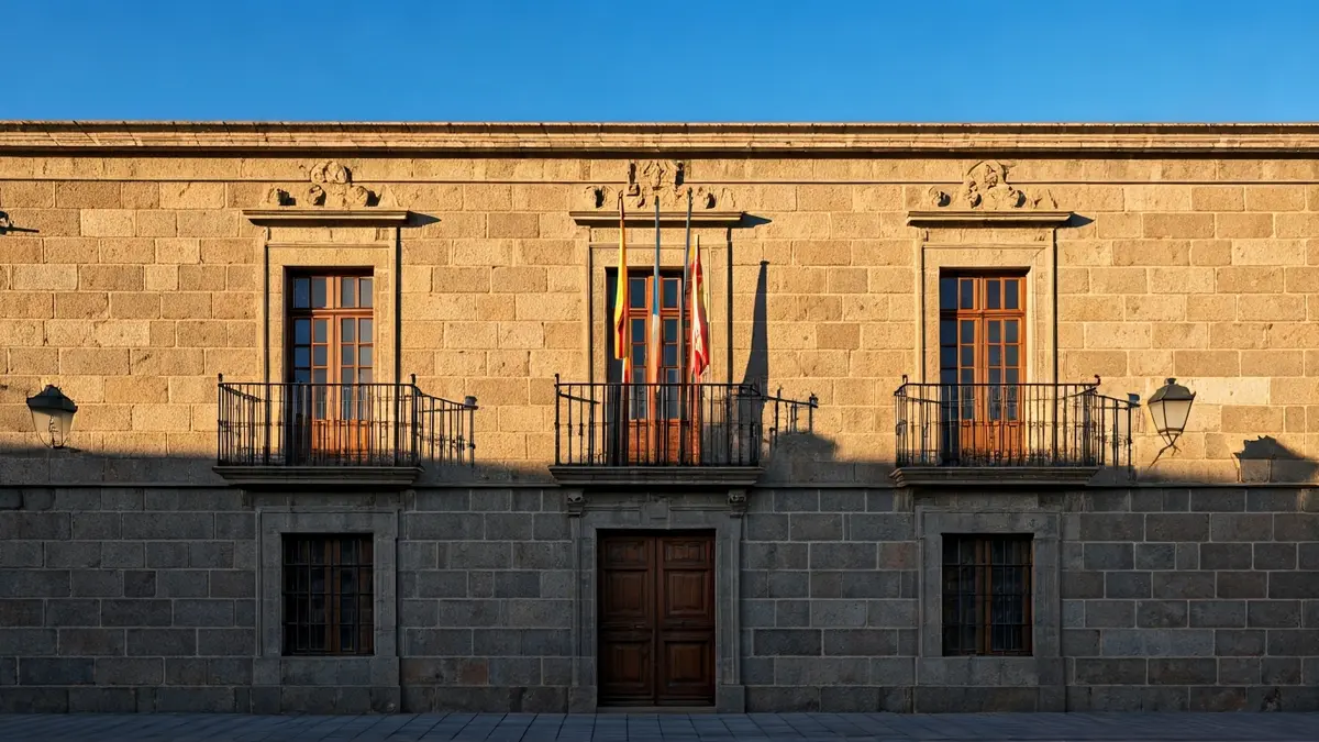 Facade of a traditional Canarian town hall with a balcony and iron railings, under the afternoon sunlight.