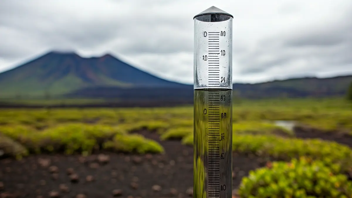 Generic image of a rain gauge with a high water level, in a cloudy Canarian landscape.