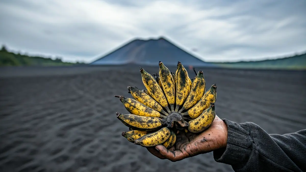 Agricultor con plátanos cubiertos de ceniza volcánica en La Palma