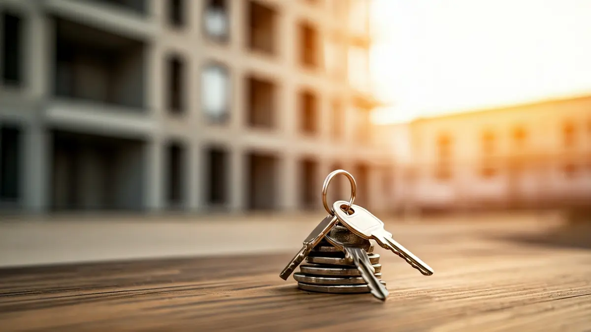 Imagen genérica de llaves de vivienda sobre una mesa, con un edificio de fondo.