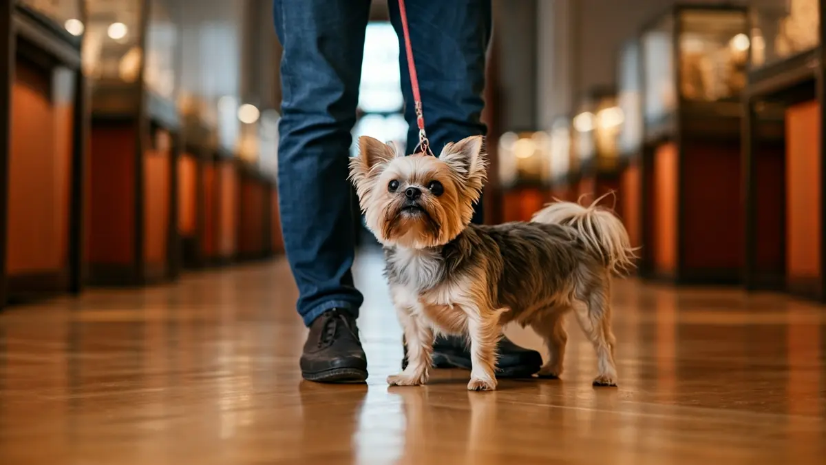 Imagen de un perro con correa en el suelo de un museo, con vitrinas de artefactos borrosas al fondo.