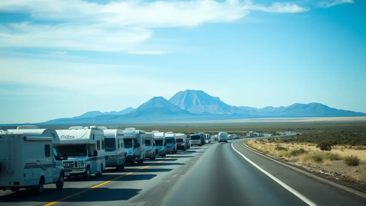 Caravana de autocaravanas en una autopista de Tenerife durante una protesta.