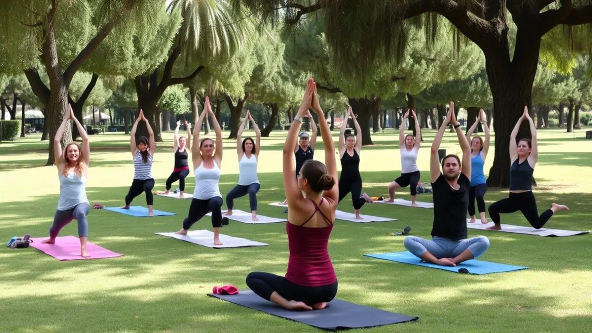 Generic image of an outdoor yoga session in a park.