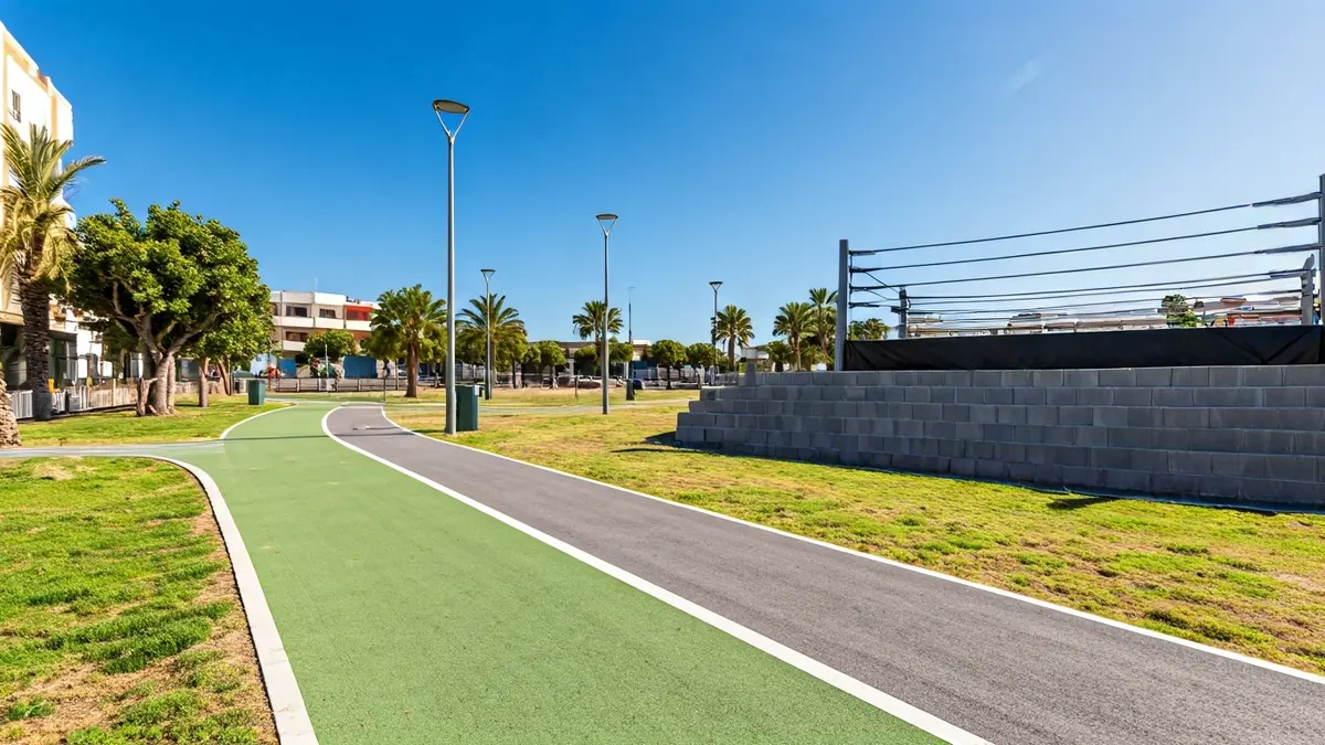 Imagen de un parque renovado con nuevas instalaciones y un terrero de lucha.