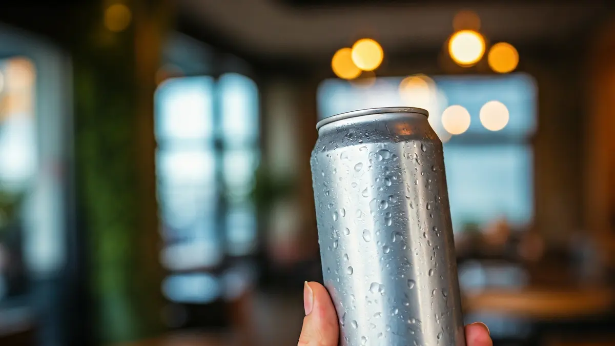Imagen de una lata de bebida fría en un ambiente de cafetería saludable.