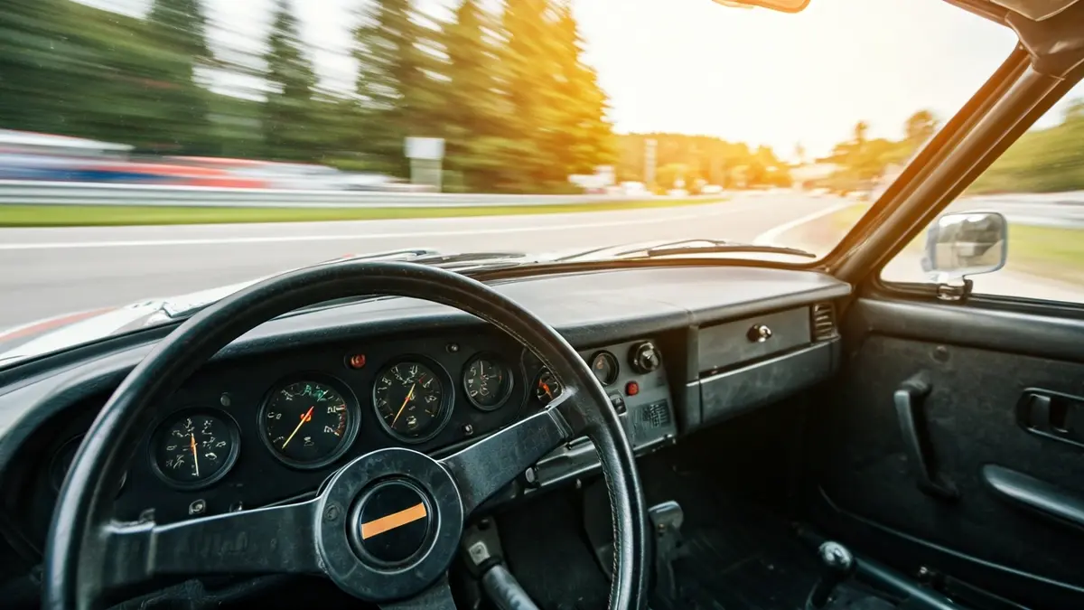 Image of a vintage rally car steering wheel with a blurred road in the background.