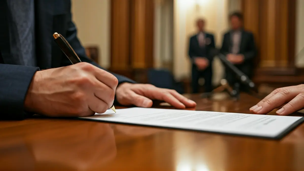 Generic image of hands signing an official document.