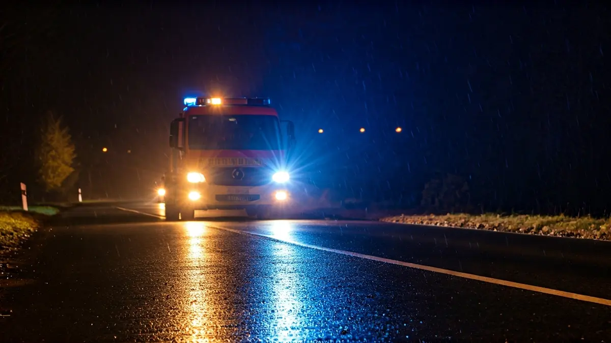 Imagen genérica de luces de emergencia en una carretera mojada por la noche.