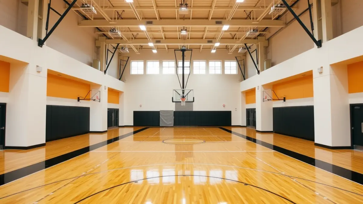 Generic image of a modern school gymnasium with a wooden floor.