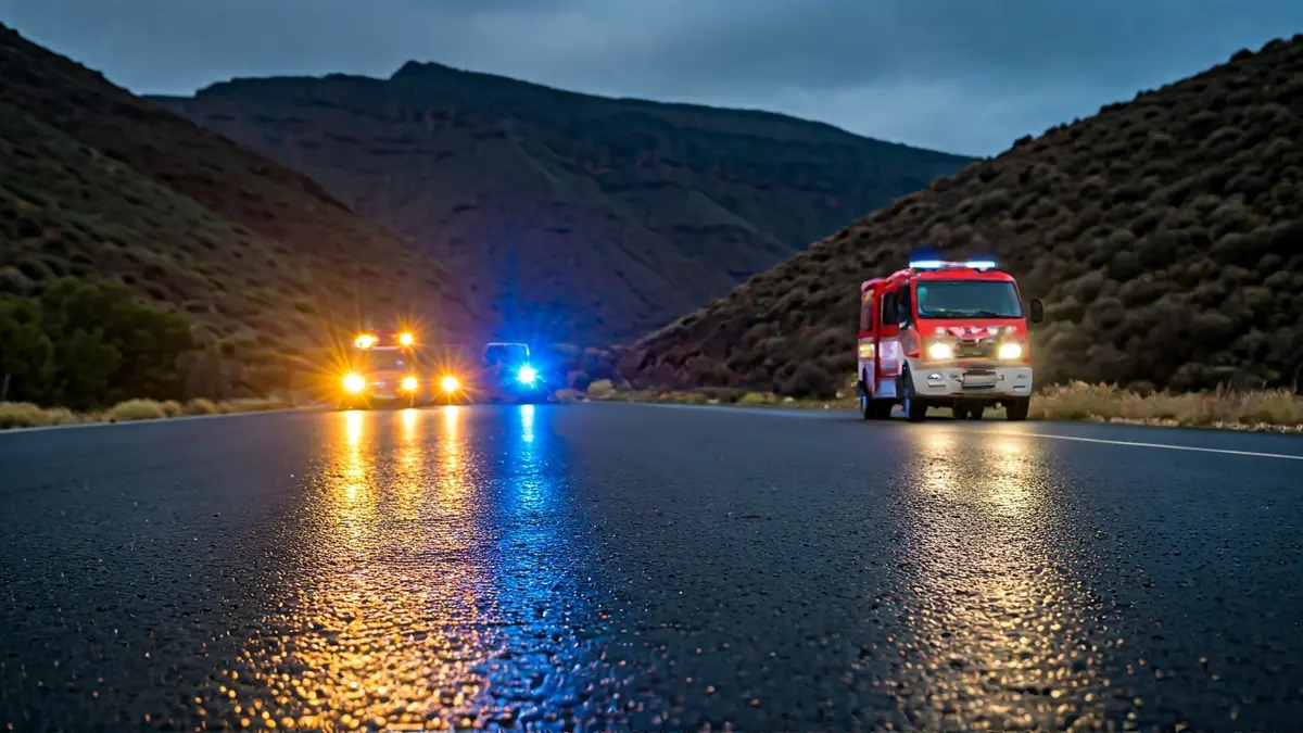 Imagen genérica de luces de emergencia reflejadas en asfalto mojado en un entorno rocoso.