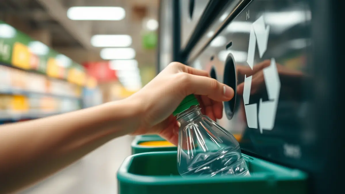 Imagen genérica de una persona reciclando una botella en una máquina de devolución en un supermercado.