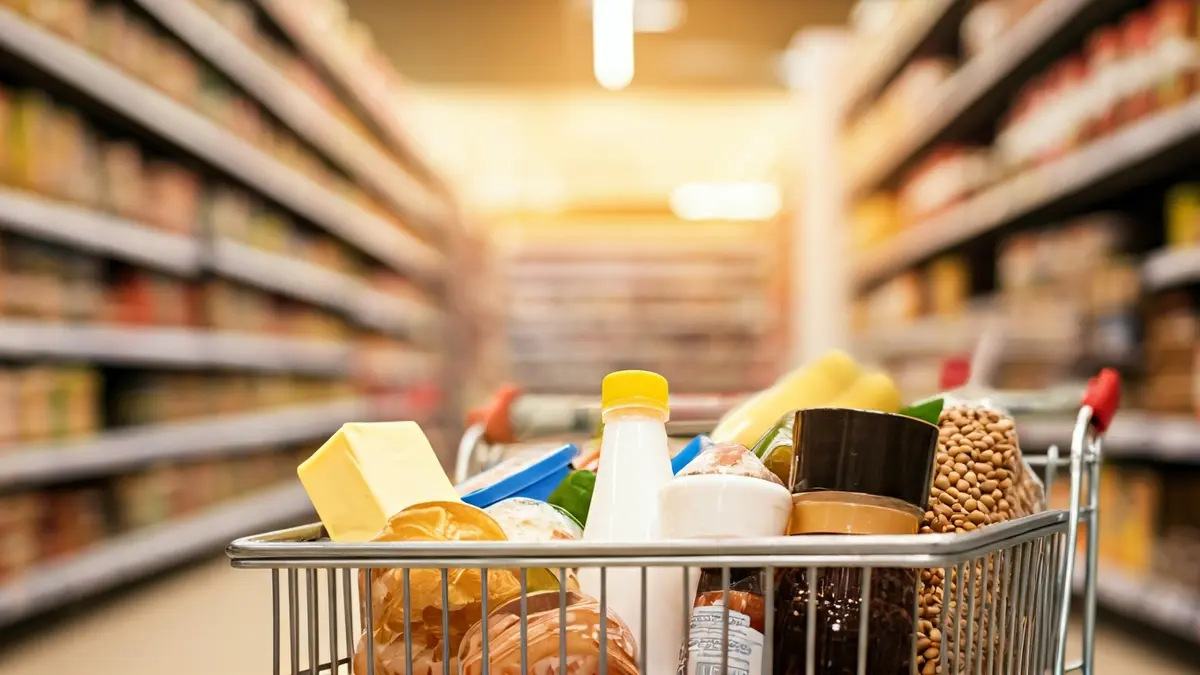 Imagen genérica de un carrito de supermercado con productos básicos.