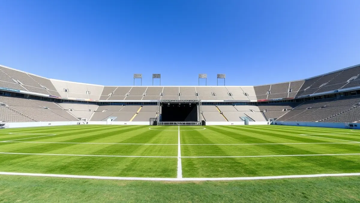 Imagen de un estadio de fútbol vacío con un escenario montado en una de las gradas.