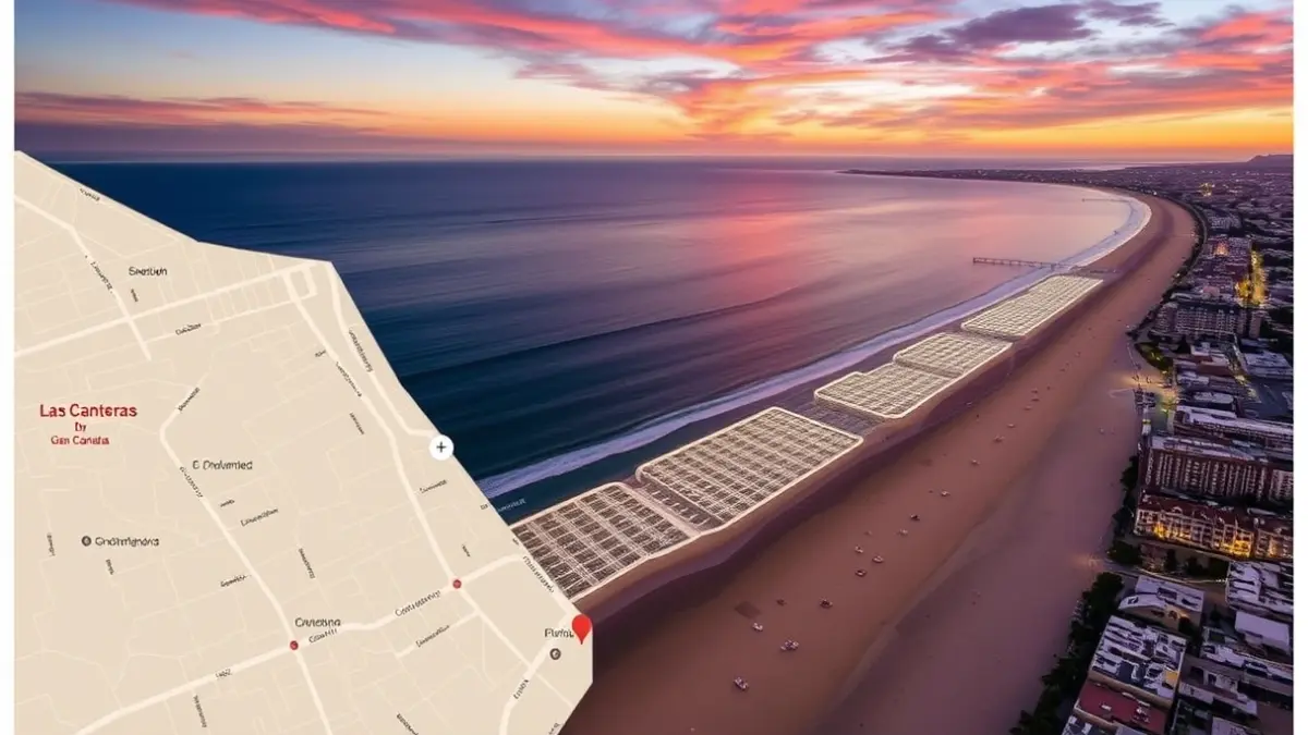 Mapa de la playa de Las Canteras con un punto marcado, bajo un cielo de atardecer.