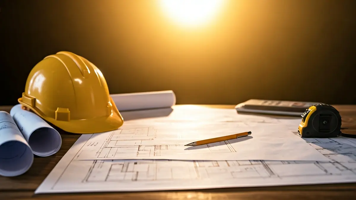 Generic image of a construction blueprint with a hard hat and measuring tape.