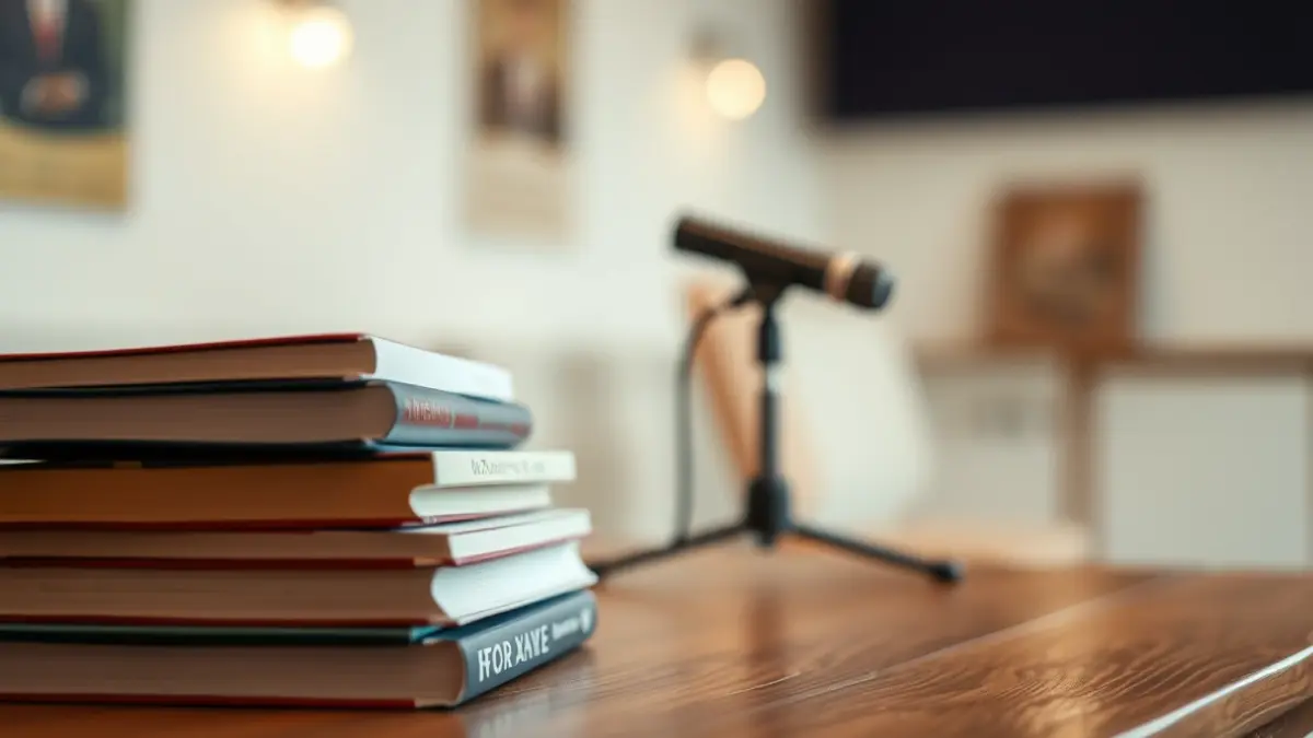 Generic image of books and a microphone, symbolizing a literary fair.
