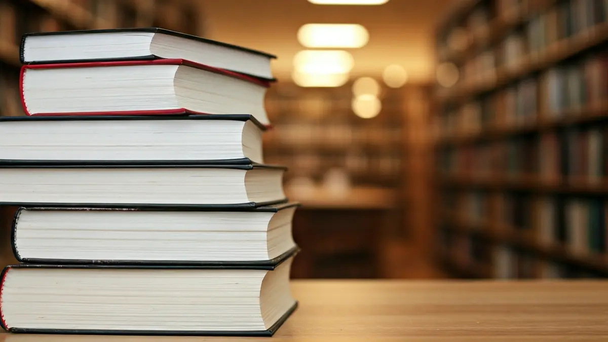 Imagen genérica de libros en una mesa de madera con un fondo de estanterías de biblioteca.