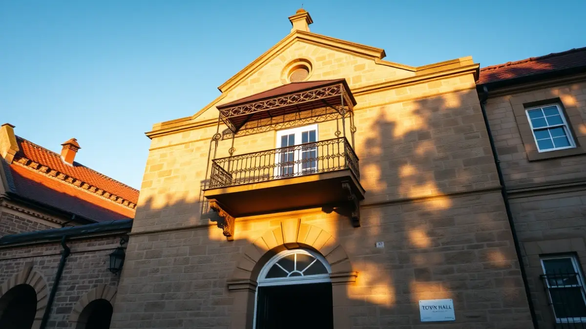 Stone town hall facade with balcony and iron railings, under warm afternoon sunlight.
