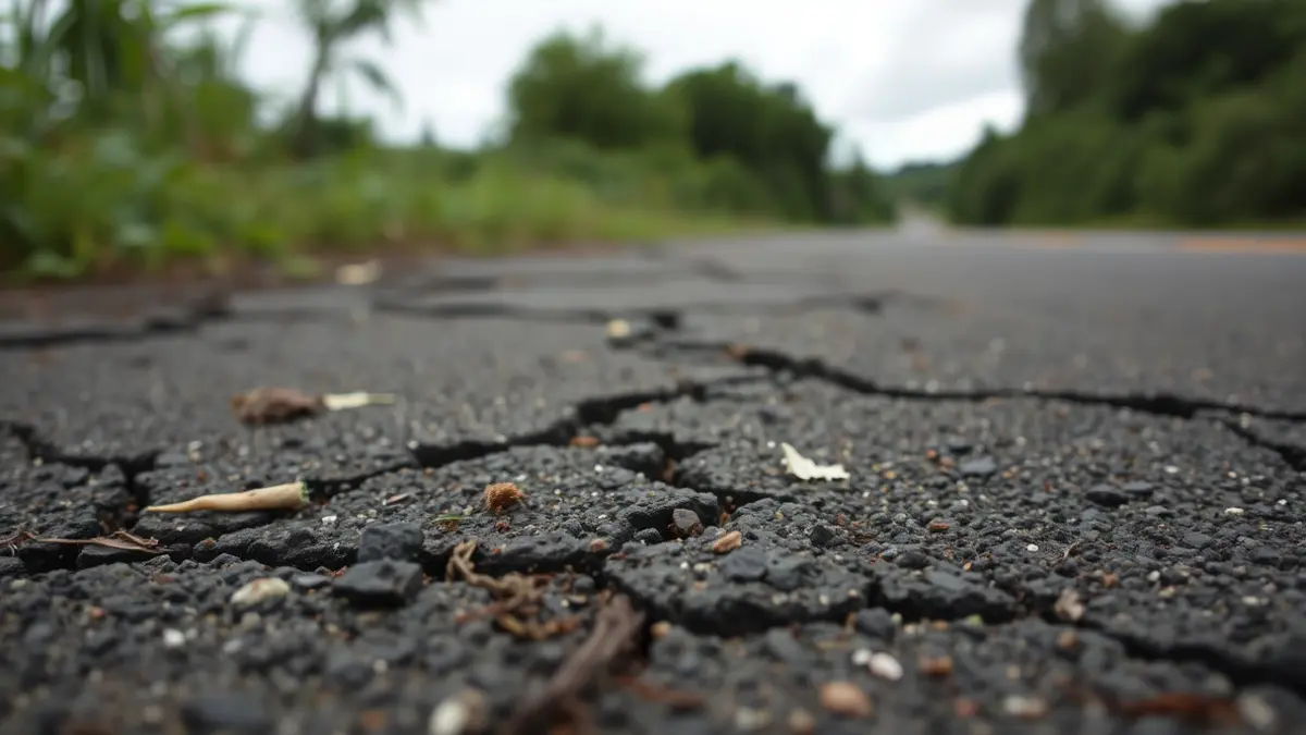 Imagen de una carretera dañada por una borrasca, con grietas en el asfalto y escombros.