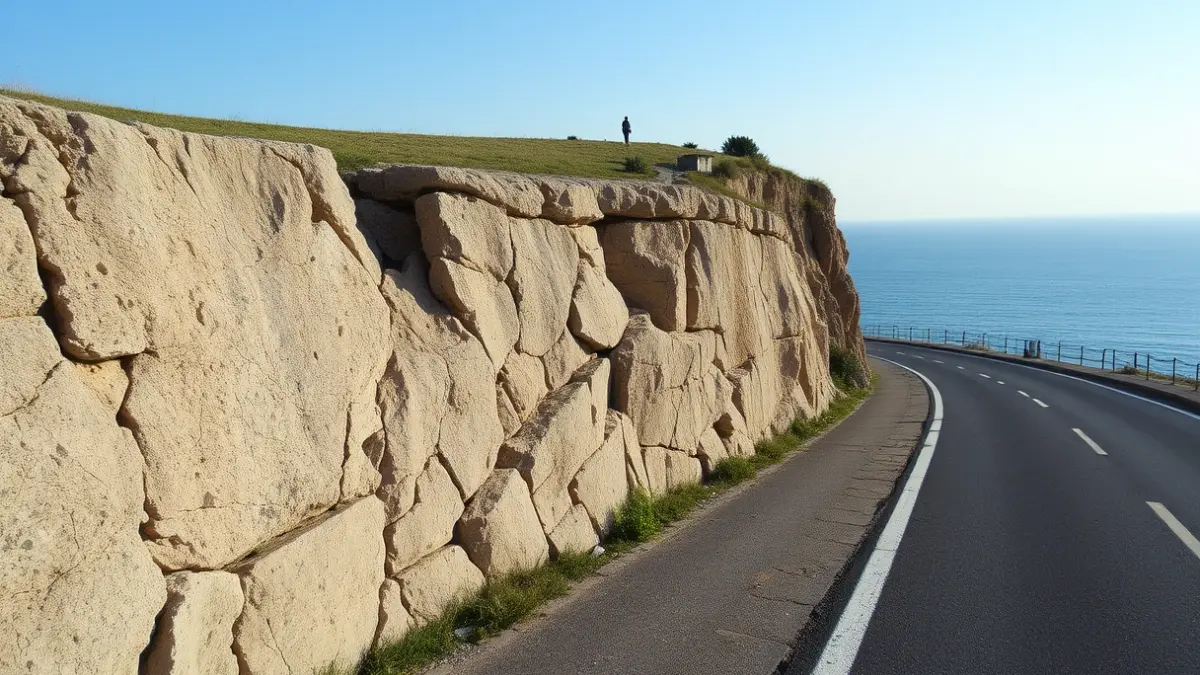 Acantilado rocoso con grietas junto a una carretera costera en Gran Canaria.