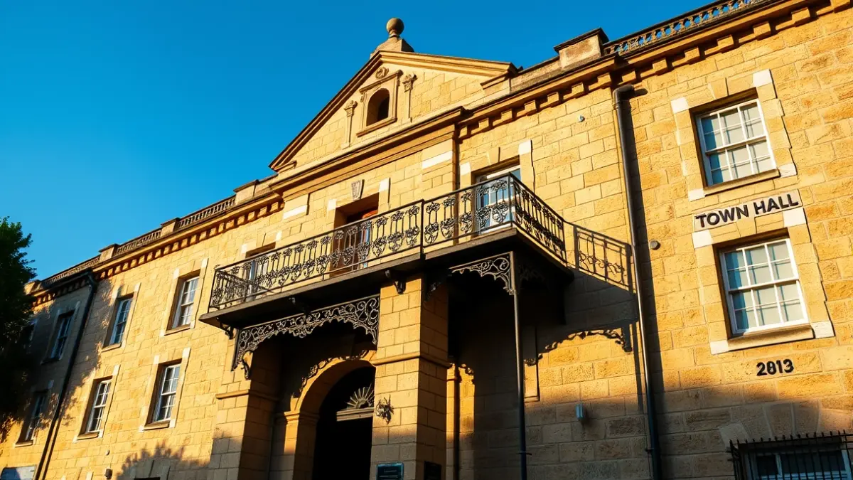 Fachada de un ayuntamiento tradicional con balcón y barandillas de hierro, bajo la luz del sol de la tarde.