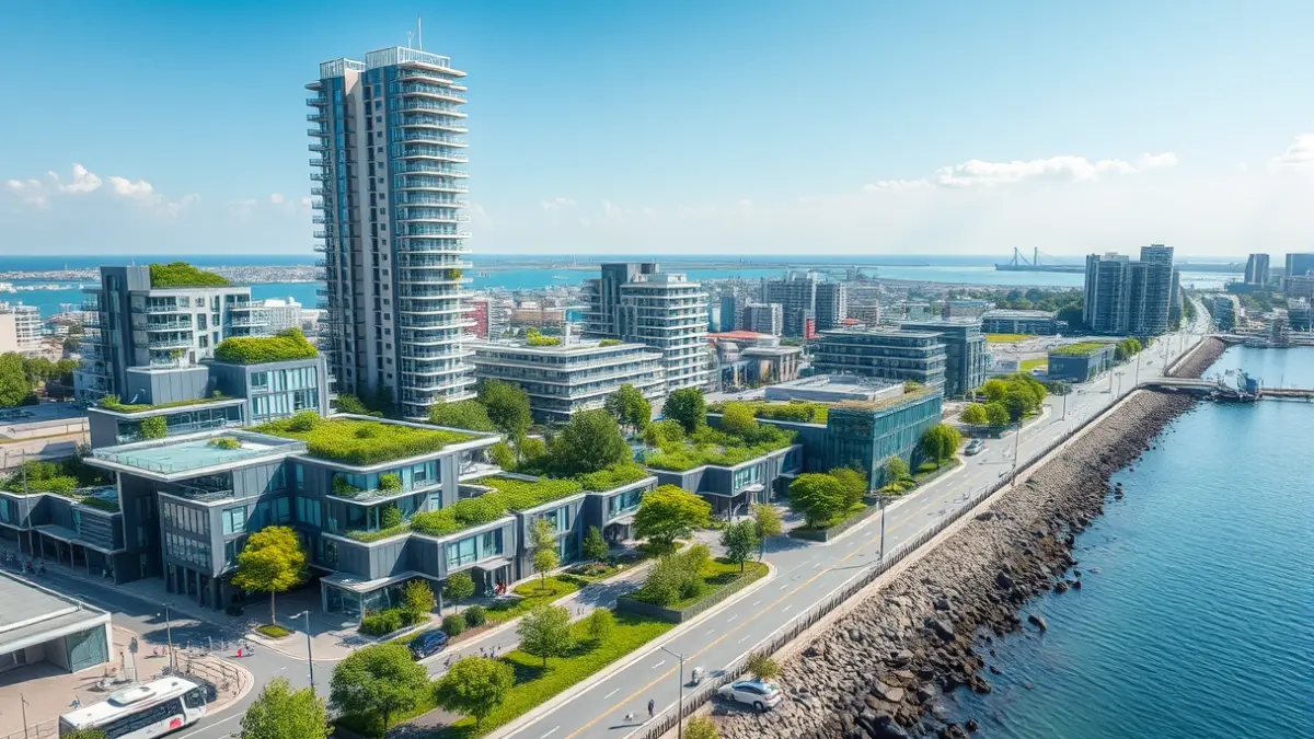 Imagen que representa la modernización urbana y la sostenibilidad en un entorno costero.