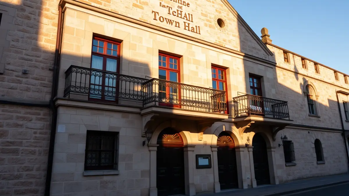 Fachada de un ayuntamiento de piedra con balcón ornamentado