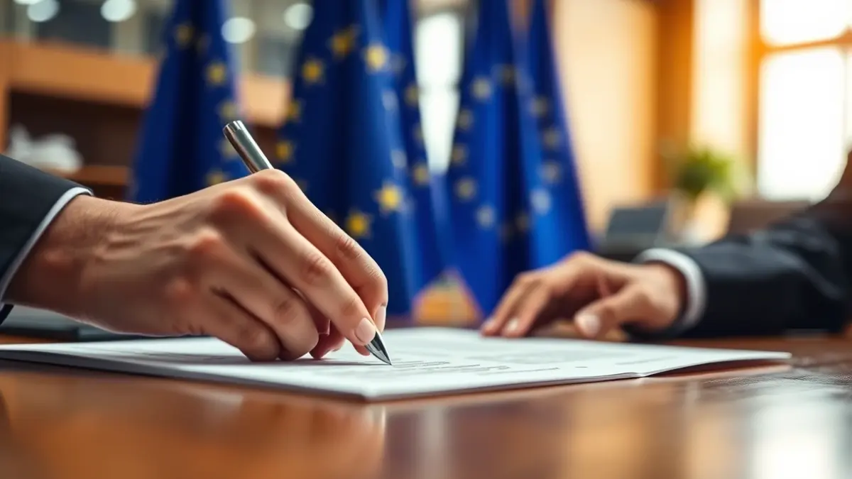 Imagen genérica de manos firmando documentos oficiales, simbolizando la gestión de fondos europeos.