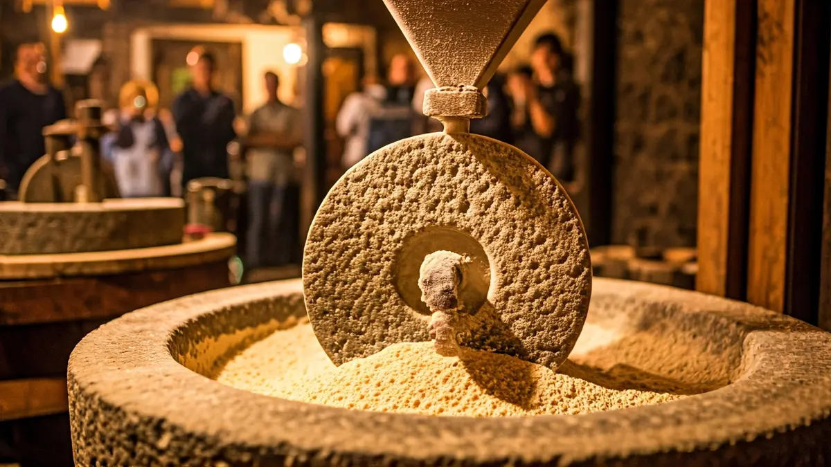 Image of gofio being milled in a traditional mill.