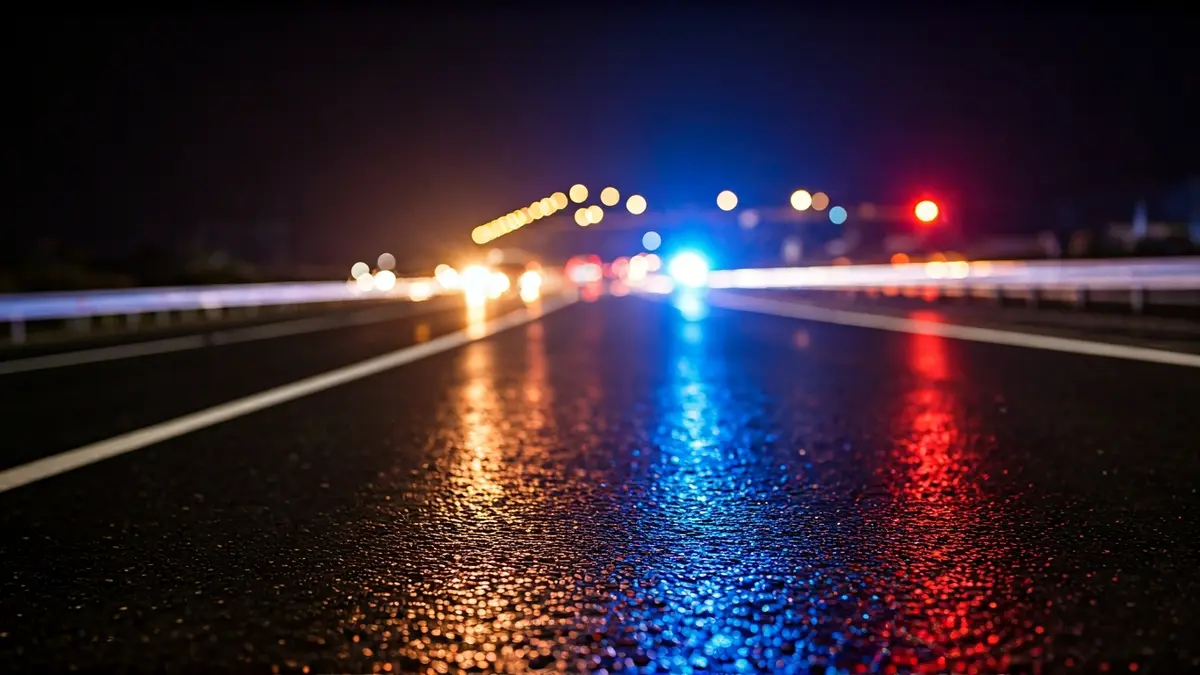 Imagen genérica de luces de emergencia reflejadas en el asfalto mojado de una autopista.