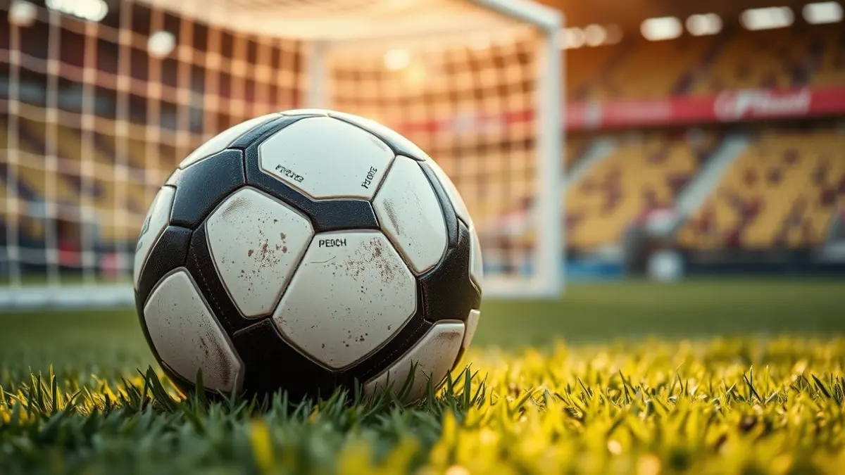 Generic image of a soccer ball on a field, with the goal in the background.