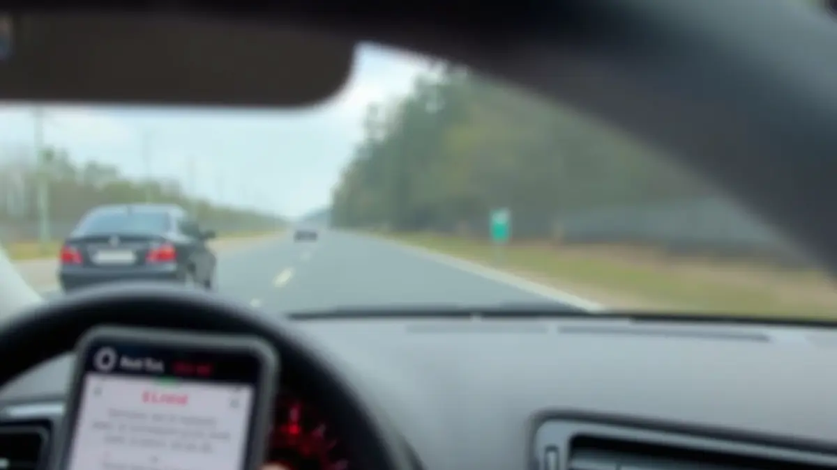 Mobile phone screen showing an emergency alert inside a moving car.