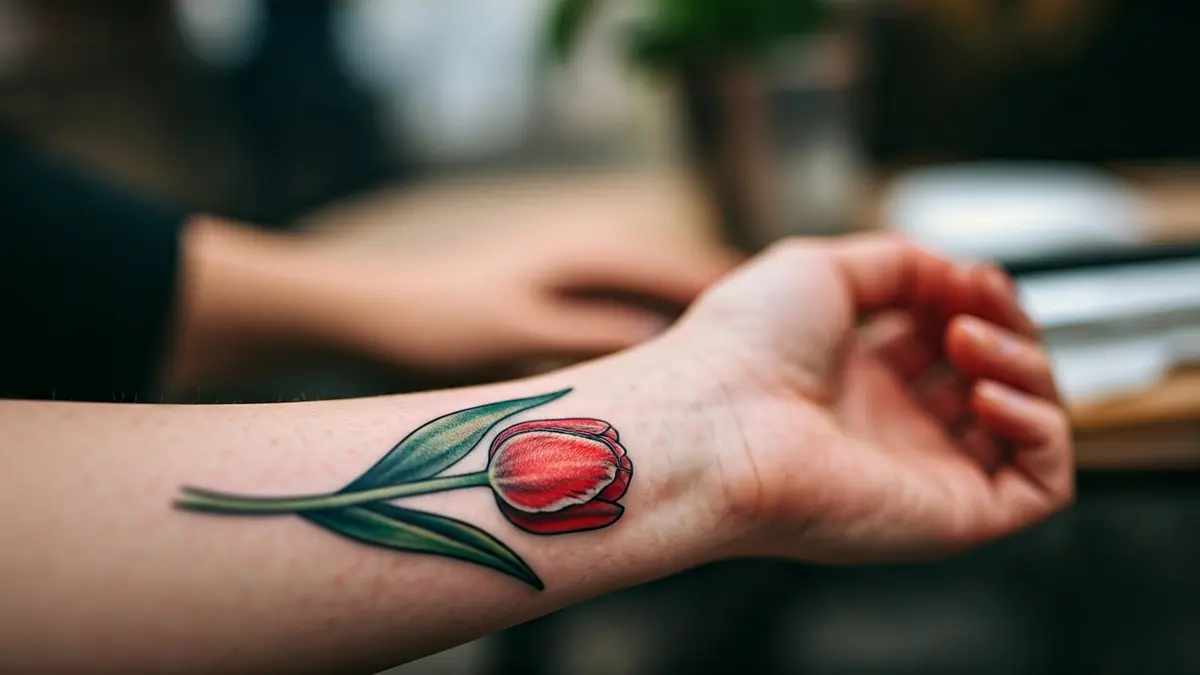 Imagen de un tatuaje de tulipán rojo en la muñeca de una mujer, símbolo del párkinson.