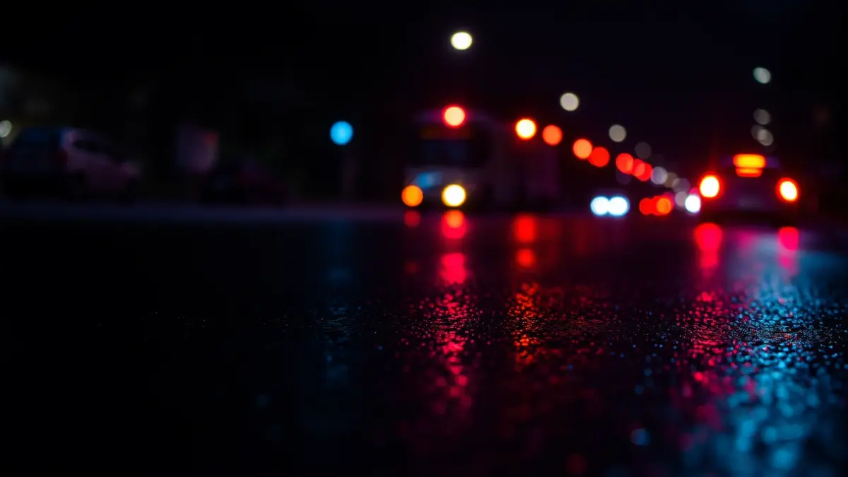 Generic image of emergency lights reflecting on wet asphalt.
