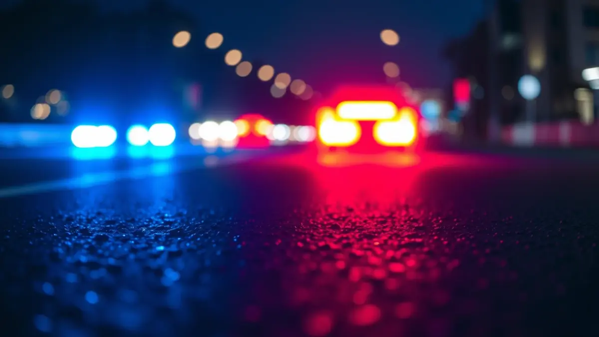 Generic image of emergency lights reflecting on wet asphalt at night.