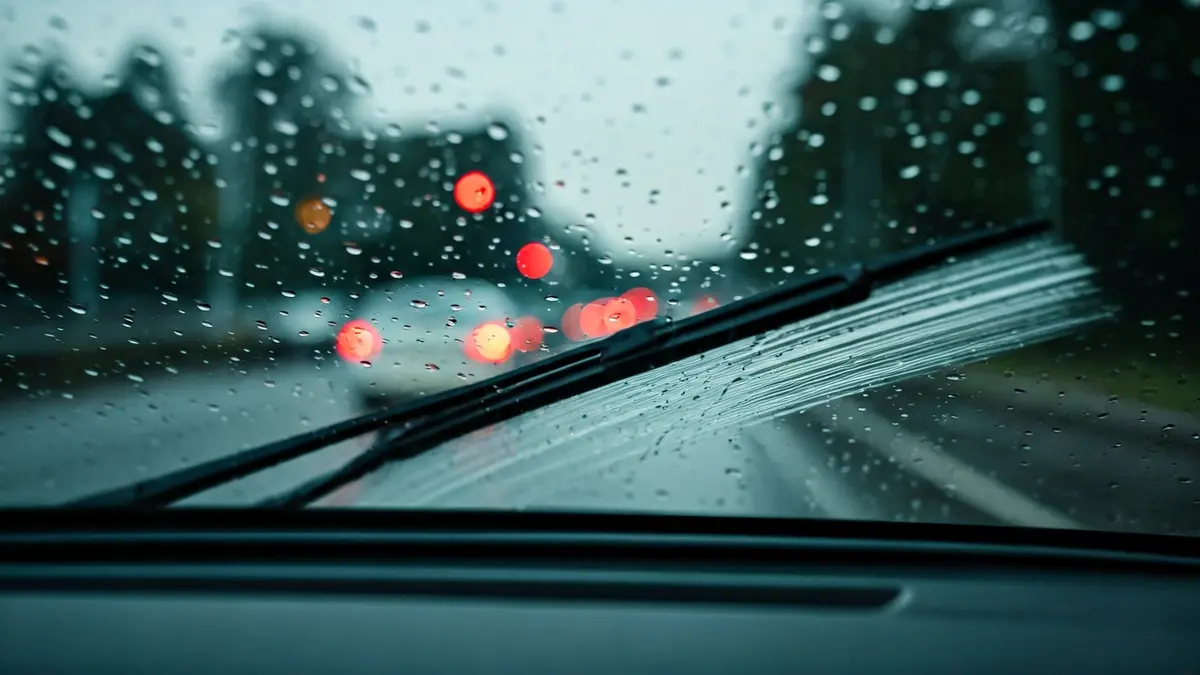 Imagen genérica de un parabrisas con lluvia y un limpiaparabrisas en acción.