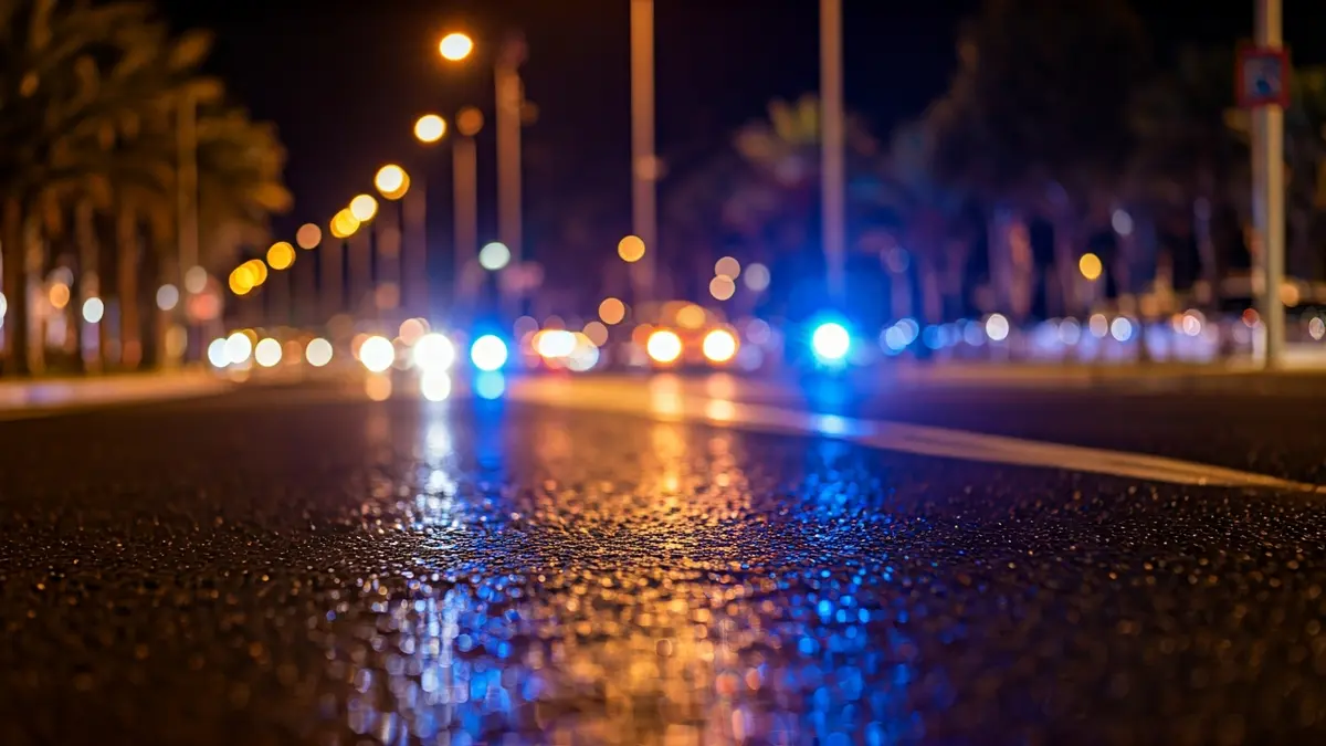 Imagen genérica de luces de emergencia reflejadas en el asfalto mojado.