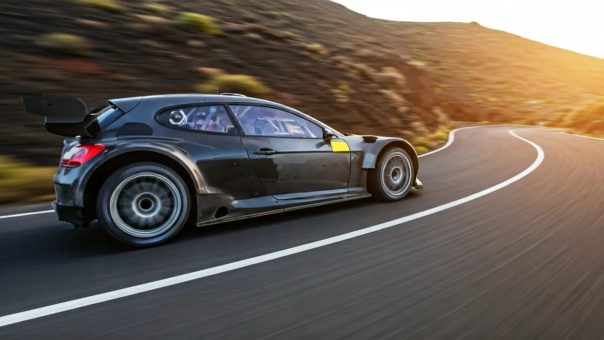 Imagen de un neumático de coche de rally en una carretera canaria.