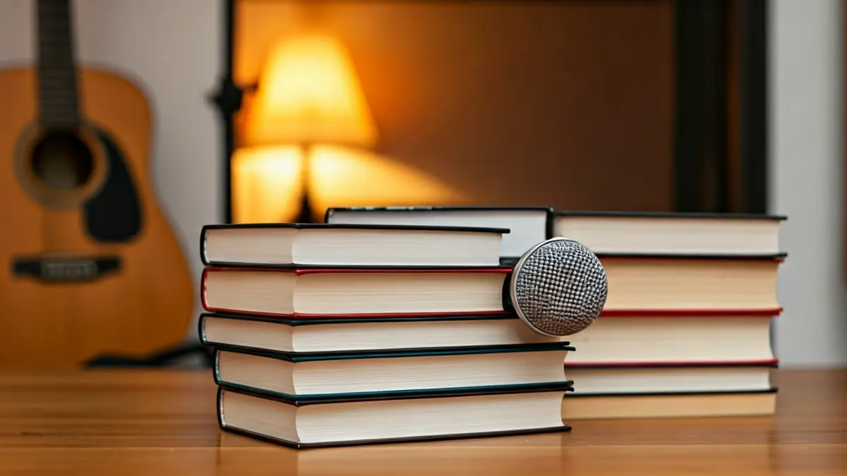 Image of books and musical elements in a cultural setting.